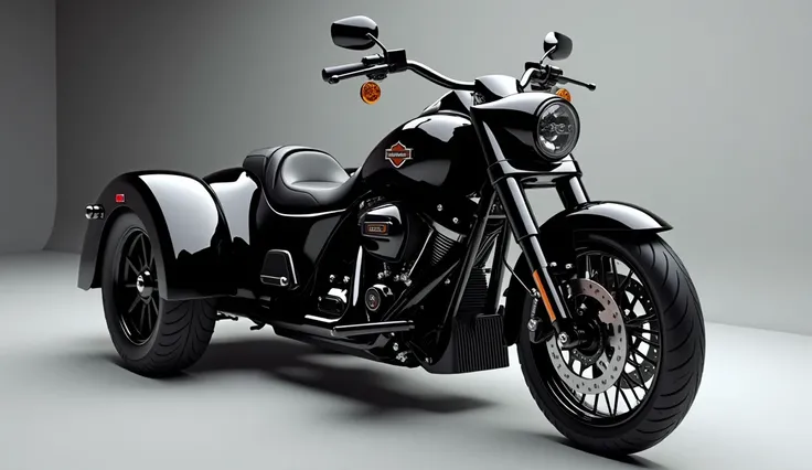 Generate a high-resolution, fully realistic image of a (2025 Harley Davidson tri glide motorcycle) in (vibrant black Color ) , with a sleek and modern exterior, futuristic wheels, and a shimmering body color, displayed in a luxurious showroom.The image sho...