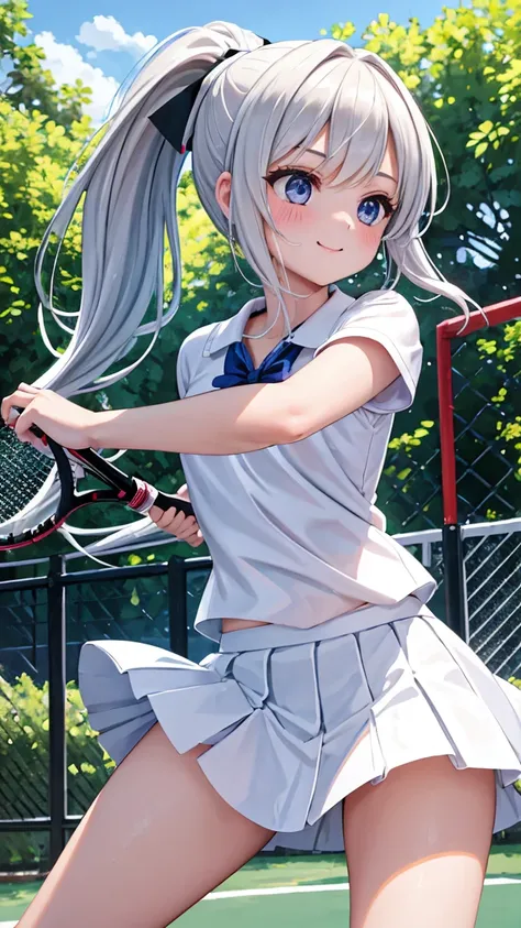 (masterpiece:1.4), (best quality:1.4), (ultra detailed:1.3), (highres:1.2)
(beautiful young girl:1.4), (athletic build:1.3), (teenage:1.3)
(white tennis wear:1.3), (tennis skirt:1.3), (sports uniform:1.2)
(ponytail:1.3), (flowing hair:1.2), (hair motion:1....