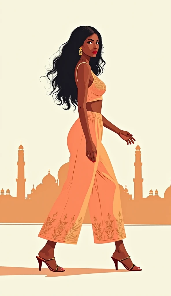 minimalist indian fashion magazine illustration, side view, full body portrait of a gorgeous voluptuous big busted indian woman walking, from indian subcontinent, full red lips, indian ornaments,  wavy long hair, very big boobs, light orange embroidered sh...