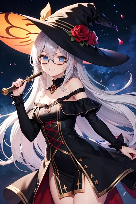 high quality,an anime character in a witch outfit with orange hair and glasses holding a wand against the night sky, 1girl, solo, dress, long hair, hat, very long hair, black dress, silver gray hair,blue eyes,hair between eyes, long sleeves, witch hat, hat...