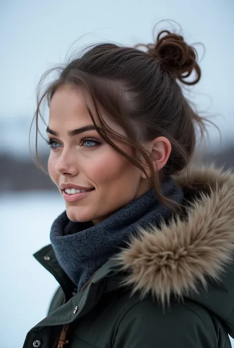 Iceland ,  beautiful landscape, Brown-haired girl, wavy hair,  dark brown eyes ,  color brown eyes , dark photo, snow, cold, Outfit ,  Very Realistic , real life ,  hair tied up ,  close your eyes ,  in profile , Happy ,  natural pleasure, intense