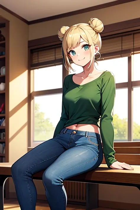 1Girl, Akimbo, Double Bun, Blonde, Flared Jeans, green t shirt, collarbone, midriff, long sleeves, smile, room, looking at viewers, indoors, sitting, bench, shose,Solo, High Resolution, Quality, High Quality, HD, UHD, 