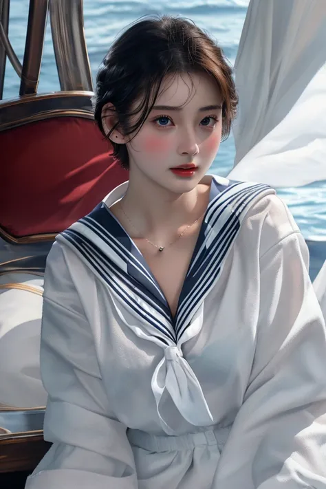 masterpiece,  top quality, 8k,  Photorealistic,  high definition , 1 Female, Alone,  watch viewers, (  detail face ),((White sailor suit))、Super beautiful woman、 erotic short hair、(( itting、 jewelry、Soft beautiful breasts、 sexy look、 realistic skin、Realist...