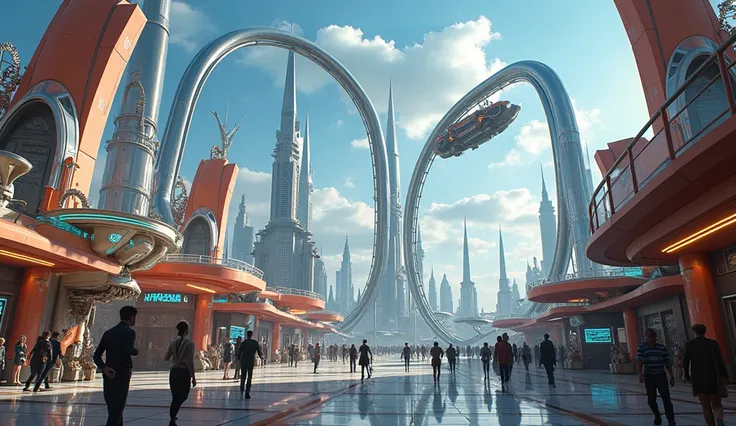 A futuristic amusement park with an exhilarating roller coaster.