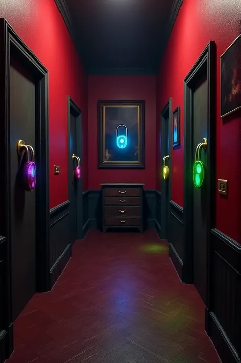 I want a corridor with 4 Doors. Each of them have a padlock with diffrent rainbow shade. There is also a small chest of drawers and 2 paintings thats the same but mirrored. The corridor have a Darka Brown floor and Red walls. The style is horror but with s...