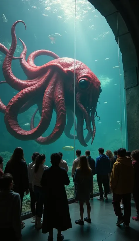 Cinematic portrait, side view, of a tourist destination in the underwater world, a large aquarium at a tourist destination, inside which contains a red monster with tails like an octopus that is disgusting and scary, black eyes, many visitors are queuing t...