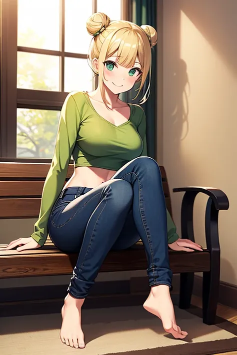 1Girl, Akimbo, Double Bun, Blonde, Flared Jeans, green t shirt, collarbone, midriff, long sleeves, smile, room, looking at viewers, indoors, sitting, bench, shose,Solo, High Resolution, Quality, High Quality, HD, UHD, feet, mediume breast, 