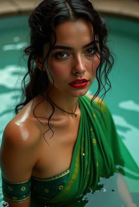 Red lips nose ring wearing hot green saree bathing wetted 