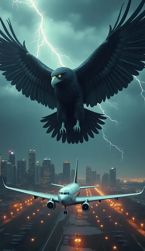 Create a stunning and surreal image of a giant black eagle fused with a sleek white airplane, soaring through a stormy sky near a modern city airport. The hybrid creature features a majestic black eagles head, with sharp glowing eyes and a fierce, hooked b...