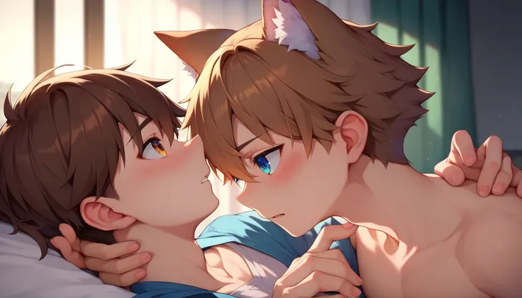 ( young boy,  Wolf Ears ),  1 boy  (blond),  1 boy  ( brown hair )，dusk, In the bedroom,  Hand in Hand ,  blush, Staring at each other