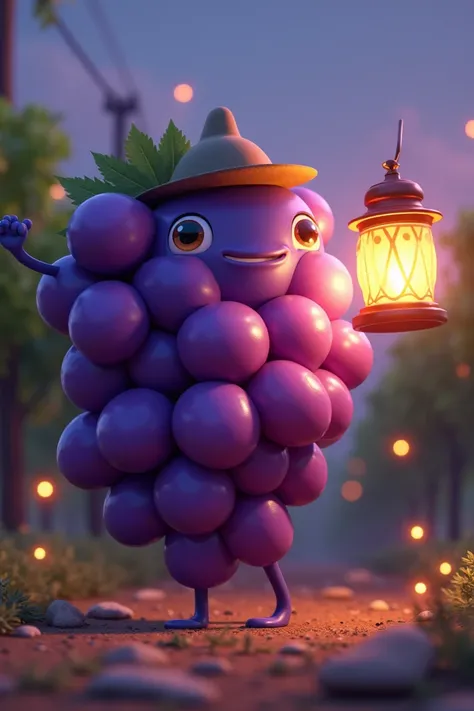 PROMPTS
1. Grape Gideon (Grapes)
"A playful cluster of glossy purple grapes with a cheerful face on the largest grape. The rest of the cluster moves together like a single body, and he wears a tiny leafy hat tilted jauntily. The setting is a dreamy vineyar...