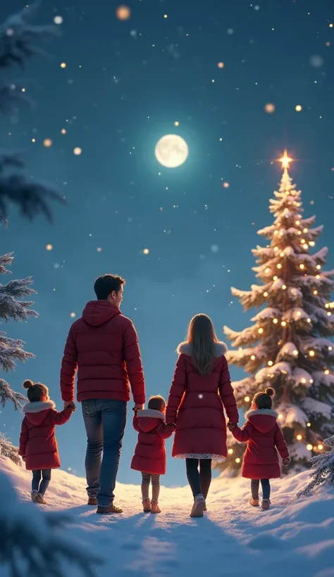 Christmas Night、 family walking happily holding hands 。Father and mother 、 staring at the  with a gentle gaze 。 There is a Christmas tree on the edge of the screen。 snow is falling 。Shining starry sky。 The moon gently illuminates parents and ren 。 fantasti...