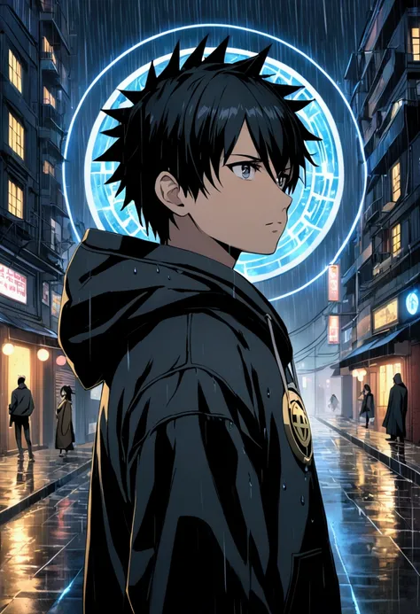 A young character with spiky black hair and vibrant black eyes stands in a rainy, urban environment. They wear a dark hoodie adorned with a circular emblem, exuding a mysterious aura. Blue energy or light trails swirl around them, contrasting against the m...