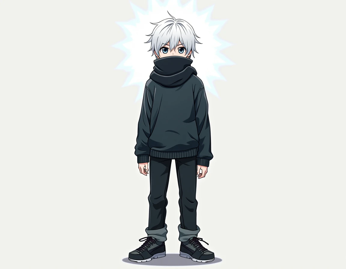 A 16-year-old white-haired boy with white eyes wearing black puma sneakers with black jeans with a short scarf hiding his face with a white aura coming out of it,Completely 2d anime style