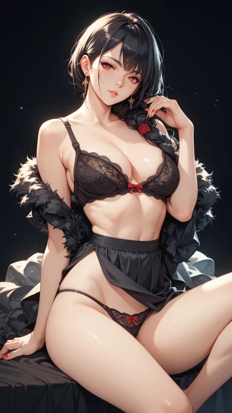 Anime girl, sexy girl, sexy figure, wearing traditional dress, showing bra, red eyes, black hairs, sitting down, legs are spread, showing her black panties simple light black background.