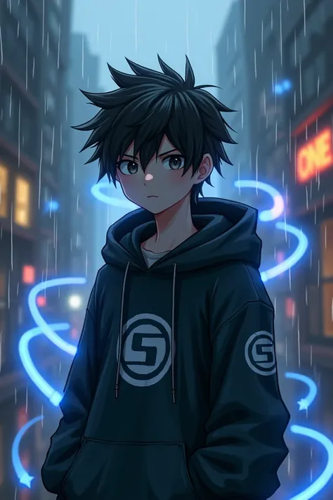 A young character with spiky black hair and vibrant black eyes stands in a rainy, urban environment. They wear a dark hoodie adorned with a circular emblem, exuding a mysterious aura. Blue energy or light trails swirl around them, contrasting against the m...