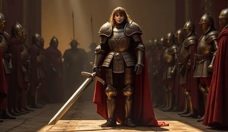 Davi,  with a confident expression ,  taking heavy armor off their shoulders as soldiers and King Saul watch in surprise. on the floor, a large sword and helmet shine under the ambient light .