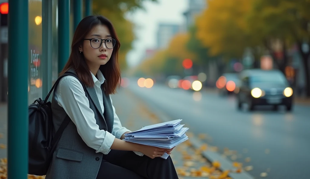 Long cinematic shot: A 30-year-old Vietnamese female office worker, dressed in office attire with a gray vest, glasses, shoulder-length hair, tired and bored after work, holding a thick stack of documents, sitting at a bus stop on a deserted street corner ...