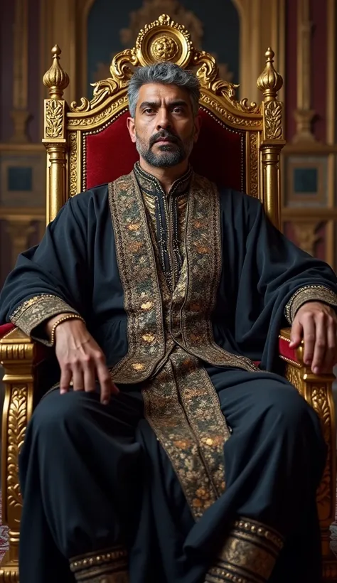 "King Dhritarashtra, seated on a grand throne in the royal court, is dressed in dark, royal-colored robes, with rich embroidery in gold and silver. His attire symbolizes his royal status despite his blindness. His face is serious, and his expression is one...