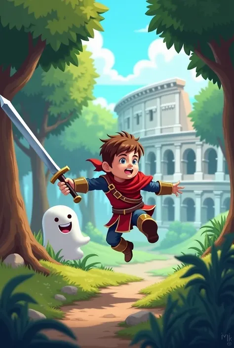 create an image for the cover of a video game called CATENA, it must include the main character jumping forward in an attack movement, with a sword in his hand, in a forest with few trees, in the background there is a visible wall of a type of Colosseum, a...