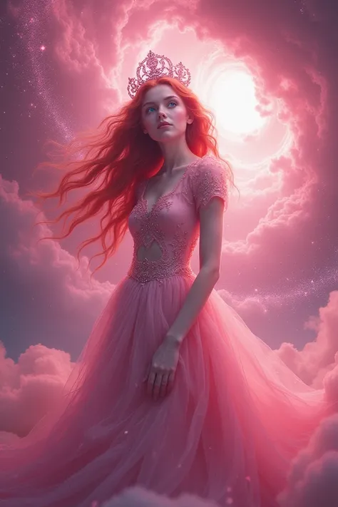  Girl with vibrant red hair ,  blue eyes , crown of the universe ,  and a vibrant dress, in a pink galaxy 