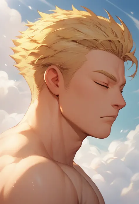 (closed eyes:1.4),hairstyle: medium yellow hair Outfit:topless,bare sholde, Break a muscular male,solo,highly detailed beautiful face and eyes,upper body,face only,front,