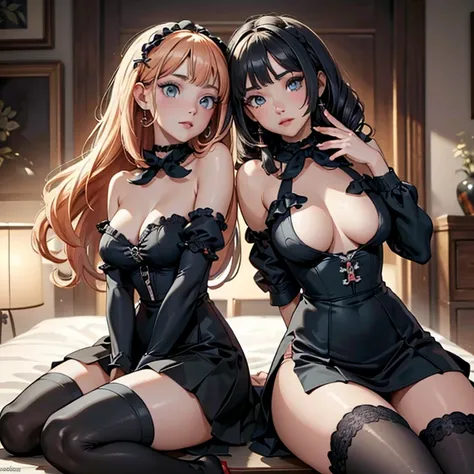 ( 2girl with dick penetrating),(masterpiece, best quality:1.4), absurdres, highres, ultra detailed, beautiful, (perfect face, detailed face, beautiful:1.3),(natural breasts, cleavage), jacket, strapless sheer lace corset, black pencil skirt, tight, over th...