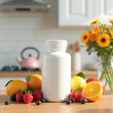 A bright and inviting kitchen setting with a plain white bottle of dietary supplements (no label) as the centerpiece. The bottle is placed on a wooden countertop, surrounded by colorful fresh fruits like oranges, lemons, and berries, evoking health and vit...