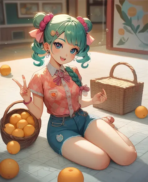 Anime girl sitting on the floor with lemons and a basket of lemons,  Concept Art by Yang J ., pixiv, Conceptual art, 🐿🍸🍋, Arte oficial, Arte oficialwork, Official fan art,  painted in the anime painters studio ,  made with the anime painting studio , splas...