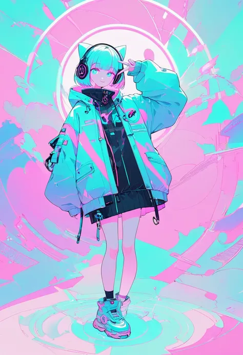 masterpiece, best quality,  Minimalist , neon color,  CD jacket style, 8K wallpaper,  Super Fine,  cyberpunk ,  pastel color , wide shot, dynamic, angle, one girl,  hoodie, smile,  Headphones , ultra detailed eyes, The whole body in the center of the illus...