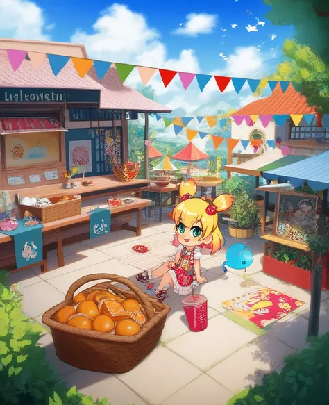 Anime girl sitting on the floor with lemons and a basket of lemons,  Concept Art by Yang J ., pixiv, Conceptual art, 🐿🍸🍋, Arte oficial, Arte oficialwork, Official fan art,  painted in the anime painters studio ,  made with the anime painting studio , splas...