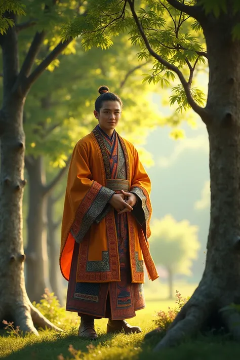 A young man in Bhutanese dress waited under beautiful tress