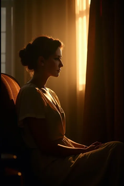 A cinematic tableau from 1990 Cairo, captured with breathtaking cinematographic brilliance. A woman sits in an elegant interior, bathed in dramatic, golden-hued lighting that sculpts her features with extraordinary precision.

Her silhouette emerges like a...