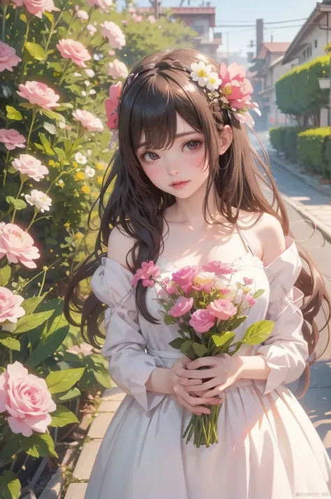 Anime style girl， long hair，Wearing flowers on the head, cute anime maid ,  beautiful anime girl ,  cute detailed digital art ,  A beautiful anime portrait ,  guweiz on Pixiv and Artstation,  Guweiz-style artwork ,  Guweiz on ArtStation Pixiv ,  detailed d...