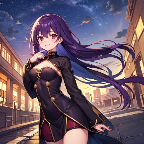 urban under bridge, autumn night sky, 1girl, solo, bartende, purple hair, long hair, red eyes, flat chest, slim figure, smile, perfect anatomy