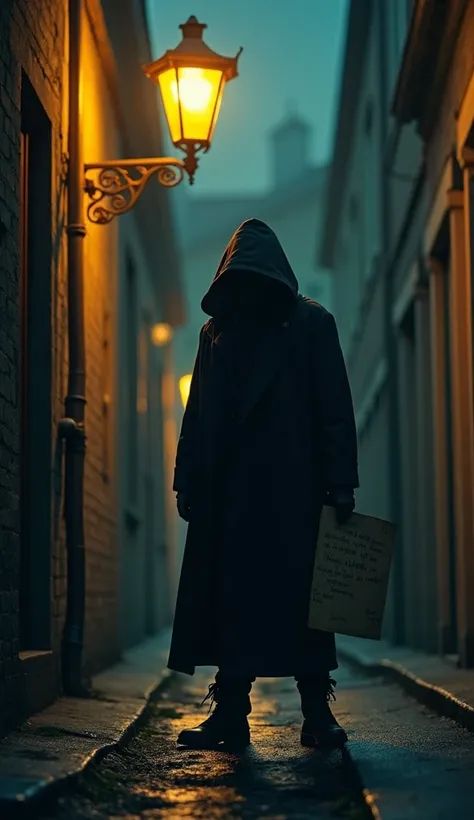 A retro comic-style illustration of a shadowy figure wearing a hooded jacket, standing in a dark alley with a cryptic letter in hand, illuminated by a single streetlamp, evoking suspense and mystery, photograph 3D, cinematic, with warm golden lighting, pai...