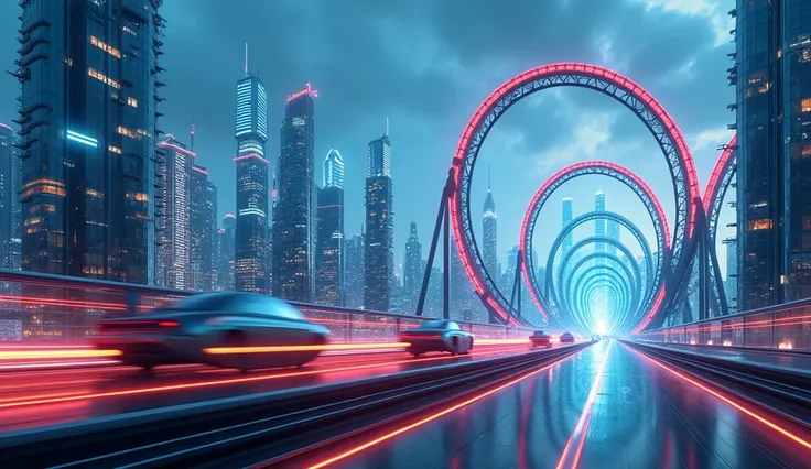 "An ultra-modern roller coaster racing through a city of glass and steel, with loops that defy gravity, glowing with holographic lights and a high-tech futuristic atmosphere. The ride takes sharp turns, flying over roads filled with flying cars."