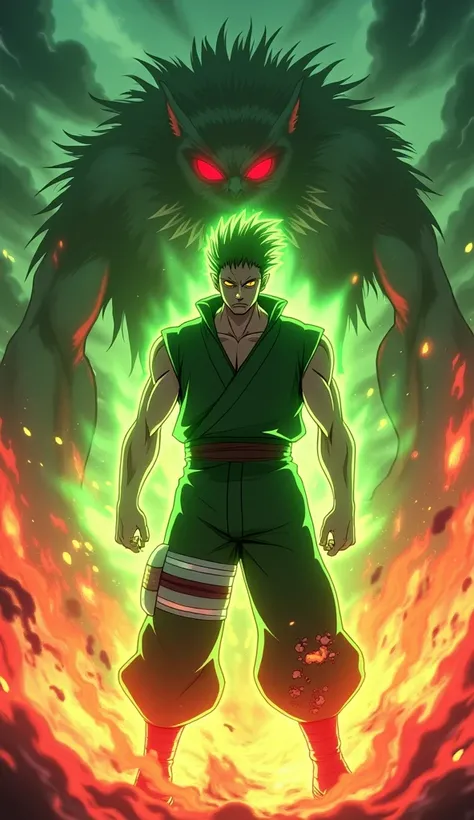 Prompt for a 4K Thumbnail: "Create an intense 4K anime-style thumbnail featuring Might Guy in his Eight Gates form, with fiery energy radiating from his body, surrounded by the massive, fierce presence of Kurama, the Nine-Tails Beast. The background should...