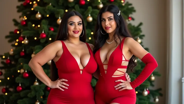 
(((full-body-shot )))  of Two thick sexy body american-Lebanse women standing in front of a decorated Christmas tree, both wearing sexy, sleeveless red outfits with plunging necklines that prominently expose their cleavage. One outfit features a form-fitt...