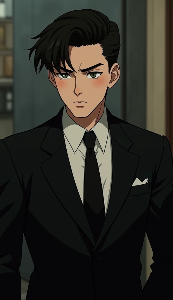 ((One man with a black suit and tie)), taken in the early 1960s, gotham, alejandro, he looks very sophisticated, (((left-side swept black short hair))), (dark green eyes and thick eyebrows), smirk, ((20 years old)), ((masterpiece)), posture dynamic,anime-s...