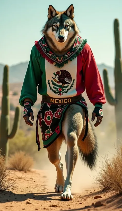 Mexico
Description:
A muscular wolf, with fur tinged green, white and red, the colors of the Mexican flag. He wears a stylized poncho with skull designs and a lucha libre mask. He walks through an arid desert, with cacti and a city in the distance.