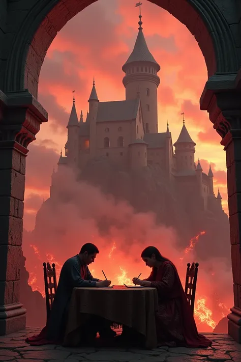 Turkish friends writing and realistic castle with realistic hellish background