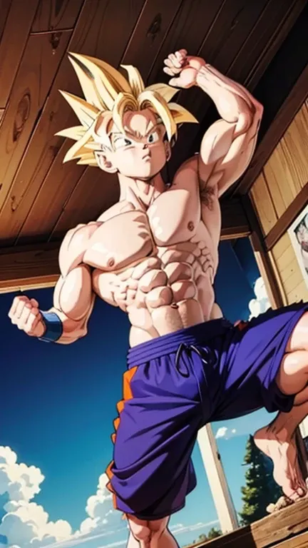 (A detailed drawing of gohan , Bodybuilding-Fitnessstudio.), With a naked torso, Ripping clothes, shorts, slip, the strongest of all, huge muscular body, big Bizeps, big shoulders, Muscle legs,abs, Barefoot, Martial arts, score_9, score_8_up, score_7_up, s...