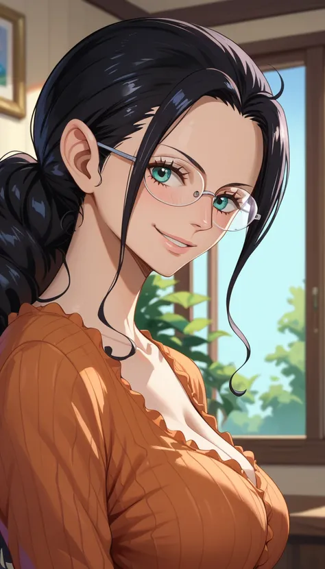 score_9, score_8_up, score_7_up, 1 girl, solo, Nico robin, robingold, black hair, pony tail, glasses, elf ears, elf, smile