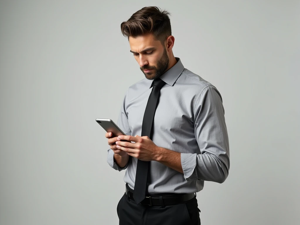 Man wearing a light gray shirt, loose black tie, and black pants, with a confident posture, He looks intently at the phone