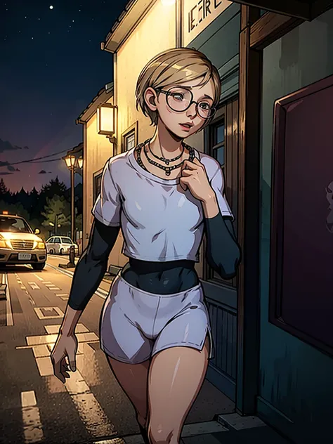 A 13yo androgynous boy with a pixie cut hair is walking in the street at night. The boy is wearing a white crop top, shorts, and white thigh high socks. he has small waist and wears glasses. he also has a necklace around his neck. The scene is bathed in th...