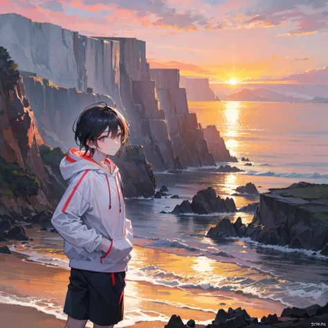 a young man, standing with his back turned, hands in his pockets, wearing a white hoodie and shorts with red and white stripes, standing on a cliff, watching the orange sunset, in front of him is the sea illuminated by the sparkling sunlight, the cliff has...