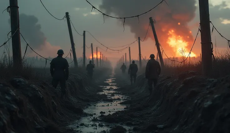 A desolate, war-torn battlefield stretches as far as the eye can see, littered with the remnants of a fierce conflict. Soldiers, worn and weary, huddle in muddy trenches, their faces etched with exhaustion and despair. Frayed communication lines dangle use...