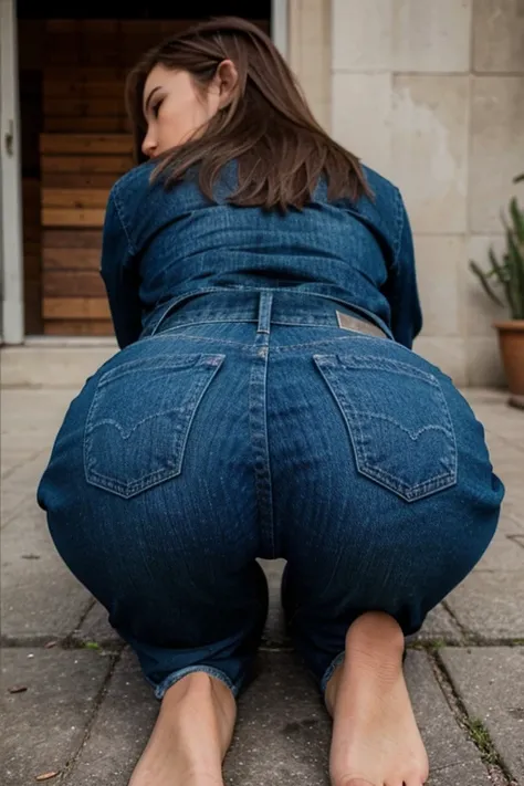 I would like a girl who is sitting on the ground and who is behind the camera with blue jeans and a big ass I also want you to not see her head in the photo and with realistic photo quality