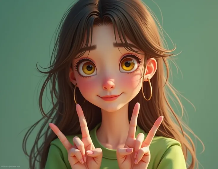 An almost girl, dressed in a green outfit, smiling at the camera, posing with her fingers in a sign of peace and love, profile photo for Instagram. The character has long, straight, messy, brown hair, bright yellow eyes, snow-white skin, a perfect and deli...